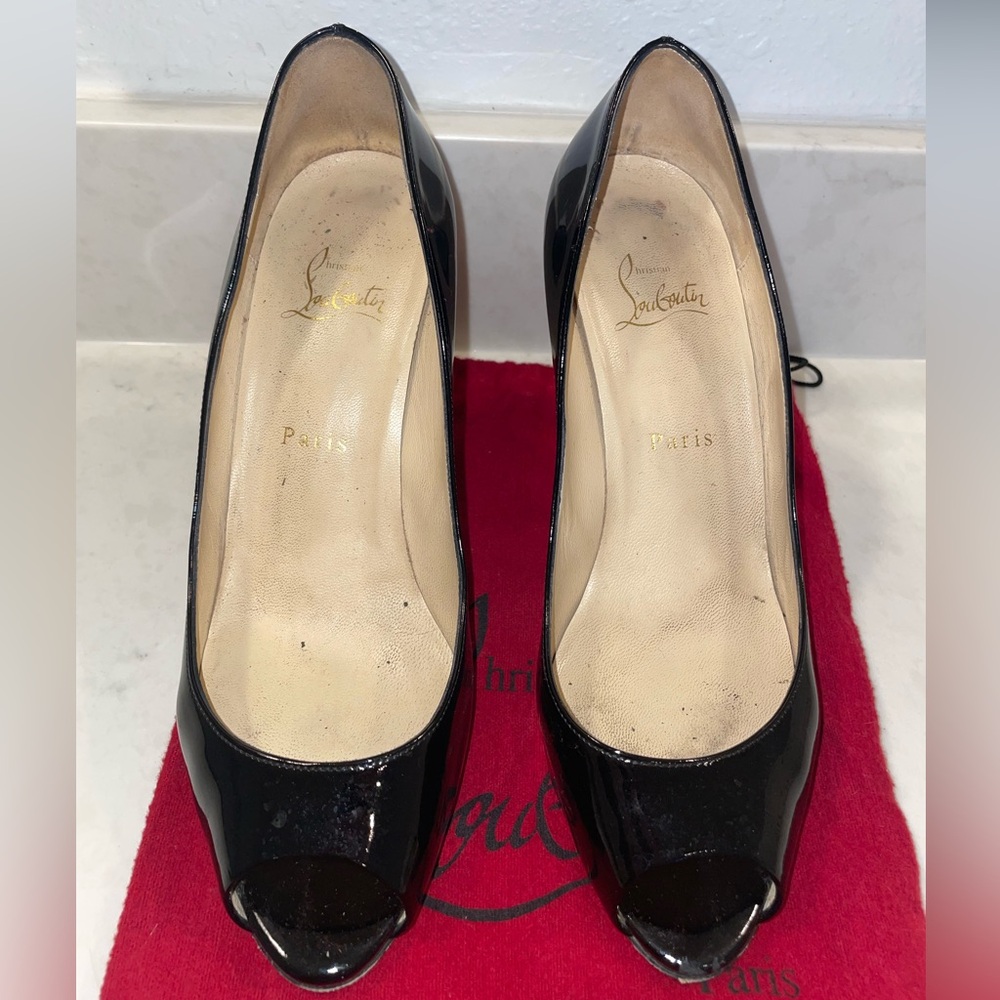 Christian Louboutin black patent peep toe heels 4 inch